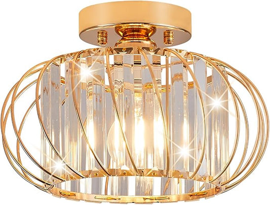 Semi Flush Mount Crystal Ceiling Light, 11 Inch Metal Cage Hallway Ceiling Lamps, Farmhouse Ceiling Light Fixture, Industrial Crystal Chandelier for Corridor Bathroom Kitchen (E26, Gold)