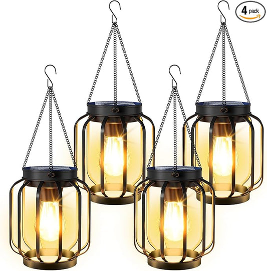 Solar Lanterns Outdoor Waterproof 4 Pack, 14.37'' Metal Hanging Solar Lights for Outside with Auto On/Off & Hook - Brighter Hanging Outdoor Lanterns Decorative Lighting for Garden Patio Yard