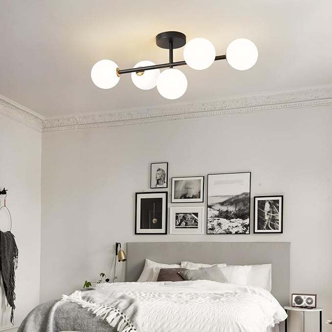 Globe Milk Glass Ceiling Light: Black 5 Lights Semi Flush Mount Ceiling Light - Linear Century Modern Lighting Fixture - 27 Inch Brass Glass Lights with Sphere Shade for Bedroom Living Room Hallway