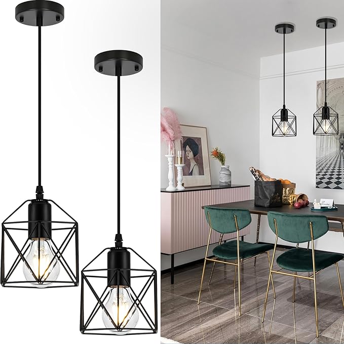 1-Light Hanging Pendant Light Fixture, Black Pendant Lights Kitchen Island, Farmhouse Pendant Lighting with Dining Room, E26 Base, Bulbs Not Included, 2Packs