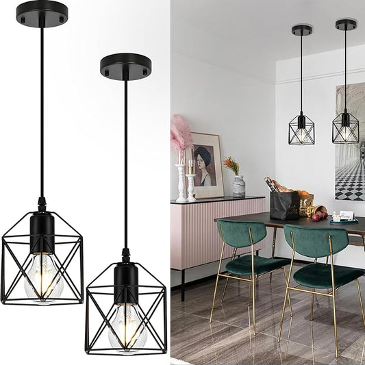 1-Light Hanging Pendant Light Fixture, Black Pendant Lights Kitchen Island, Farmhouse Pendant Lighting with Dining Room, E26 Base, Bulbs Not Included, 2Packs
