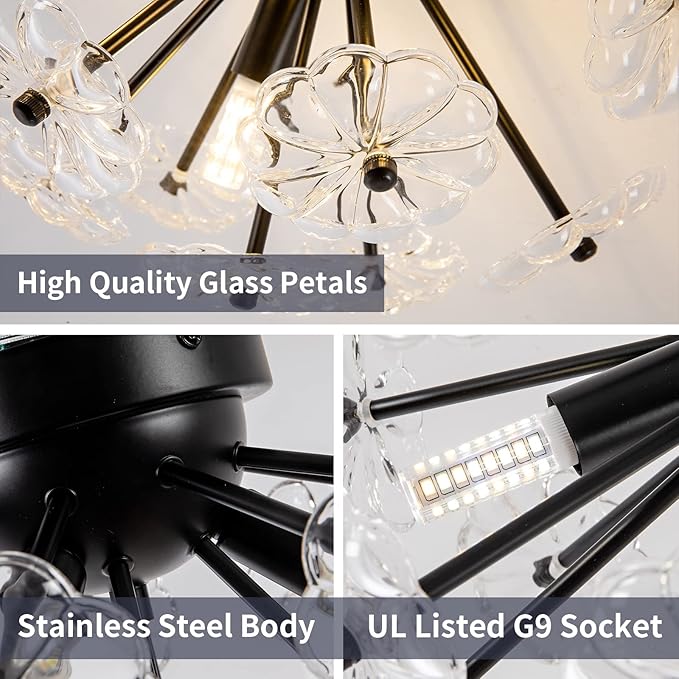 Semi Flush Mount Ceiling Light, Black Metal Flower Ceiling Light Fixtures, 3-Light Farmhouse Close to Ceiling Lamp Fixture for Bedroom Closet Kitchen Living Room Hallway(Dia 13.8")
