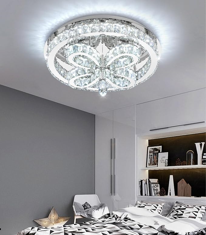 Modern Crystal Chandelier LED 2-Tier Flush Mount Ceiling Lighting Dimmable Pendant Light for Living Room Bedroom Dining Room Entryway Hallway