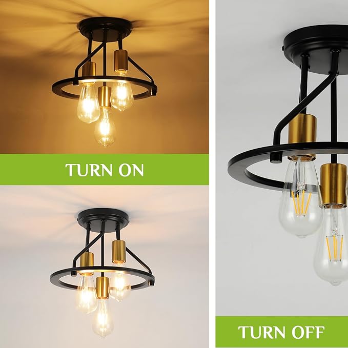WILON Semi Flush Mount Ceiling Light 3-Light Ceiling Light Fixtures - Industrial Hallway Light Fixtures Black Gold Farmhouse Kitchen Light E26 Socket Ceiling Lamp for Hallway Kitchen Foyer