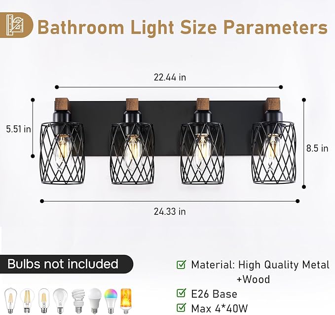 4-Light Farmhouse Bathroom Vanity Light, Wood Bathroom Lighting Fixtures Over Mirror, Black Bathroom Light Fixtures with Cage Metal Shade, Rustic Vanity Light with E26 Base