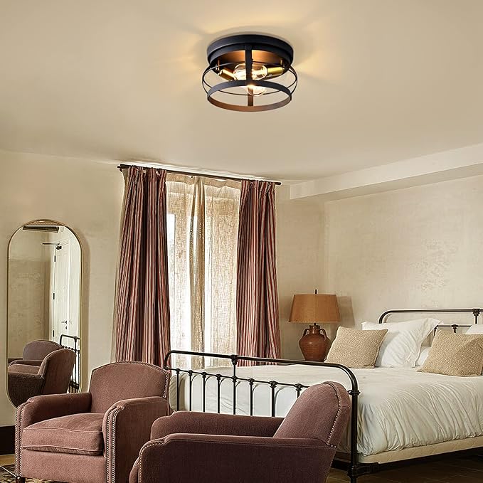 2-Light Farmhouse Flush Mount Ceiling Light,Modern Black Vintage Rustic Industrial Light Fixtures for Kitchen Dining Room Bedroom Hallway Foyer Entryway.