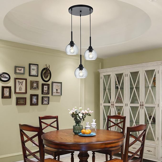 3 Light Black Cluster Pendant Light with Striped Swirl Globe Glass Pendant Lighting for Kitchen Island, Modern Dining Room Light Fixtures Over Table Hanging Ceiling Light, E26 Base