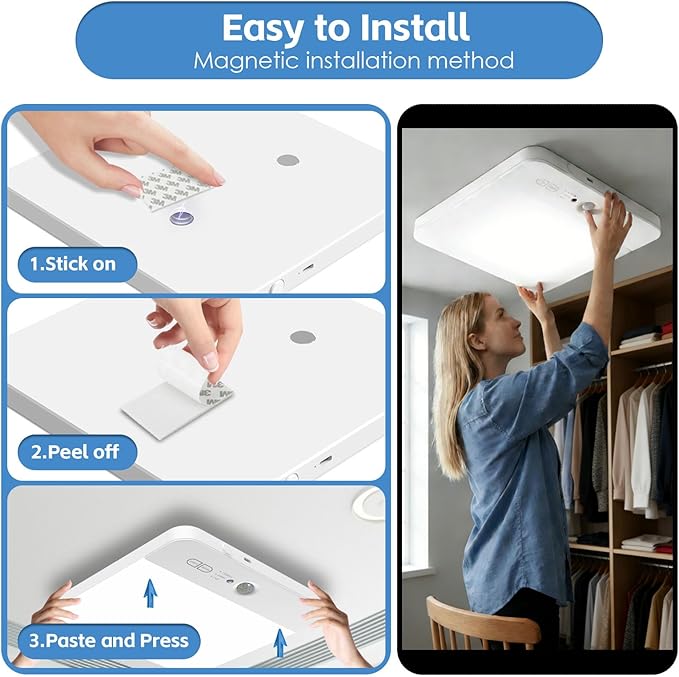 NARUNDREN Rechargeable Motion Sensor LED Ceiling Light with Remote, Wireless Battery Operated Closet Light, 400LM Dimmable 3 Color Temperatures, Motion Activated Light for Stair Hallway Garage Pantry