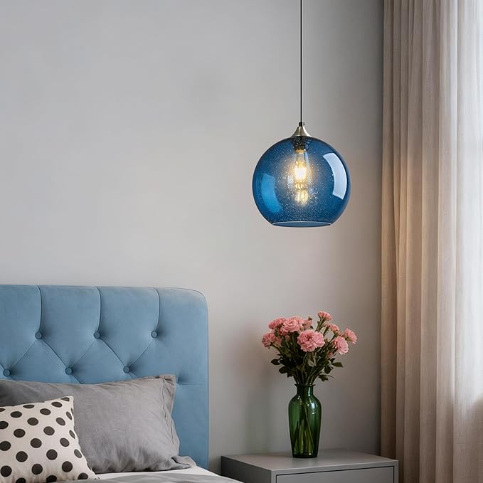 Mikeru Glass Globe Pendant Light Single, 7.87 Inch Blue Bubble Glass Hanging Lamp, Mid Century Modern Pendant Lighting for Kitchen Island Dining Room Bedroom (Bulb Not Included)