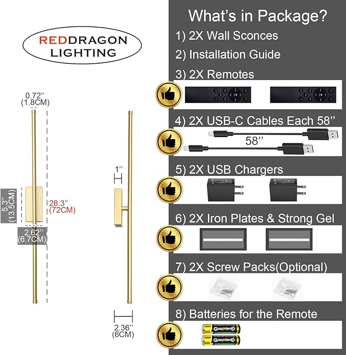 Set of 2 Battery Powered Linear Tube Rechargeable Gold Wall Sconce, Modern Decor Peel and Stick on Cordless Wall Sconces Picture Vanity Light for Living Dinning Room, Bathroom (2 Pack, 28.3'', Gold)