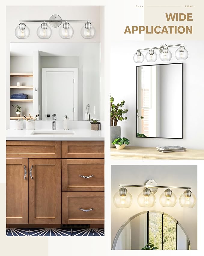 Emak mak 4-Light Bathroom Vanity Light, 29 Inch Brushed Nickel Bathroom Light, Globe Vanity Lighting with Clear Glass Shade for Bath, VL114-BN-4