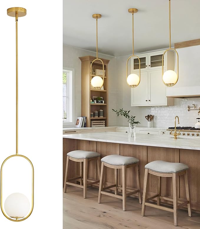 Yunnix Pendant Lights Kitchen Island, Pendant Light Fixtures, Modern Gold Globe Glass Pendant Lighting, Brass Mid Century Chandelier One Light for Bathroom Bedroom Dining Room(Bulb Not Included)