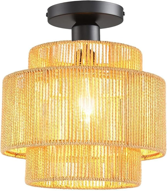 Hand-Woven Rattan Flush Mount Ceiling Light,Farmhouse Light Fixtures Ceiling Mount Boho for Hallway Bedroom Kitchen Entryway Living Room