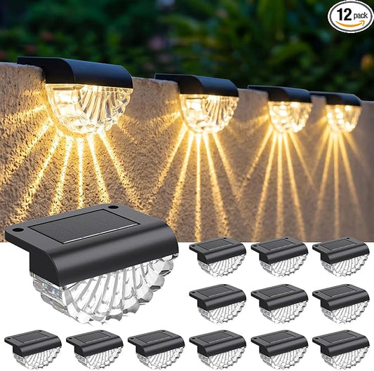 Greluna Solar Fence Lights Outdoor, 12 Pack Waterproof Deck Lights, Auto Dusk to Dawn Step Lights with Warm White Glow, Easy Install for Fence, Patio, Stairs, Pathway, Garden Lighting