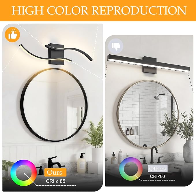 KARTOOSH 2 Pack Black Light Fixture Hardwired Bathroom Vanity Lights Fixtures Over Mirror 23.6 Inch 3CCT Dimmable Modern Wall Lights for Mirror Kitchen Living Room Cabinet Porch Hallway