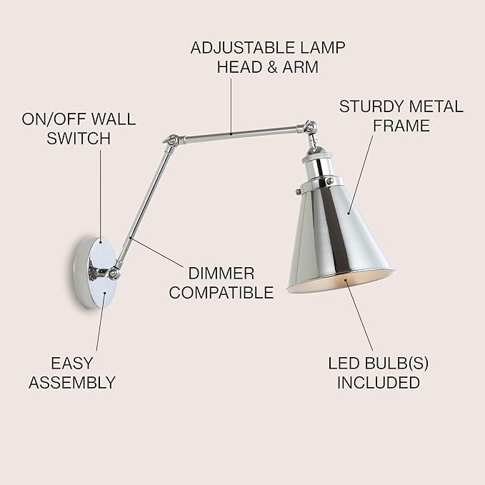 JONATHAN Y 7" Chrome Classic Industrial Metal Adjustable Arm LED Wall Sconce for Bedside Reading, Farmhouse Swing Arm Wall Lamp with Metal Shade, Hardwired JYL7460A