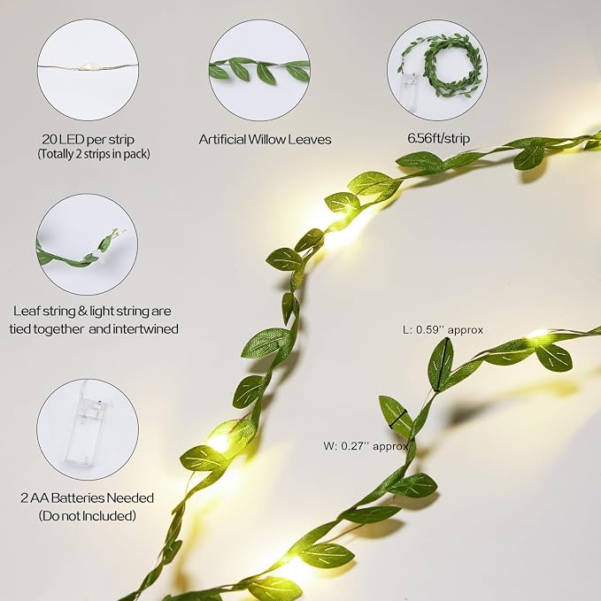2pcs 6.5Ft Green Leaves String Lights 20 LED Fairy Lights Battery Operated Artificial Ivy Leaf Garland with Light for Indoor Home Wall Birthday Wedding Decor