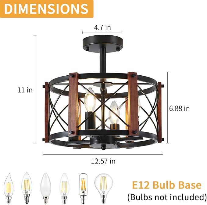 4-Light Rustic Farmhouse Semi Flush Mount Ceiling Light, Modern Entryway Hallway Light Fixtures Oak Wood Drum Kitchen Lights Black Close to Ceiling Light for Kitchen Bedroom Dining Room Foyer Lighting