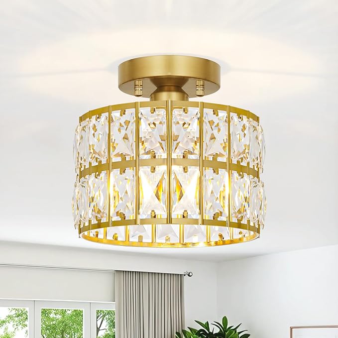 Crystal Ceiling Light Fixture, Modern Brushed Gold Semi Flush Mount Ceiling Chandelier Light for Hallway Entryway Kitchen Bathroom, Small Chandelier Light for Bedroom Closet, 1-Light, 9 Inch
