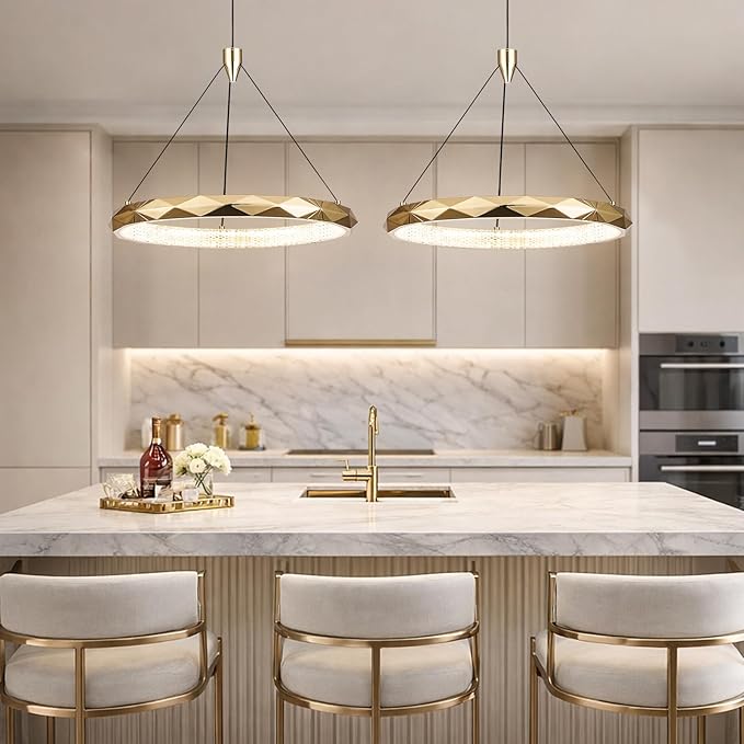 HEYAN Modern Gold Ring Chandelier, 16-Inch Faceted Geometric LED Pendant Light, Dimmable 3-Color Changeable Island Lighting, 25W Luxury Acrylic Crystal-Effect Ceiling Fixture for Dining Room & Kitchen