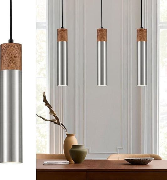 ELYONA Modern Pendant Light for Kitchen Island, Brown Wood Grain & Brushed Nickel Metal Bauhaus Hanging Light Fixture for Dining Room, Bedroom, Adjustable Height, GU10 LED Bulb Included, 1 Pack