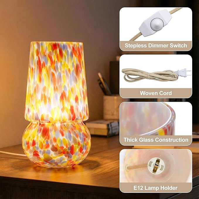 9.8 Inch Mushroom Table Lamp, UL Listed Dimmable Small Desk Bedside Lamp with Woven Beige Cord, Handcrafted Pattern, Murano Home Decor for Bedroom, Living Room, Pastel Confetti, No Bulb Included