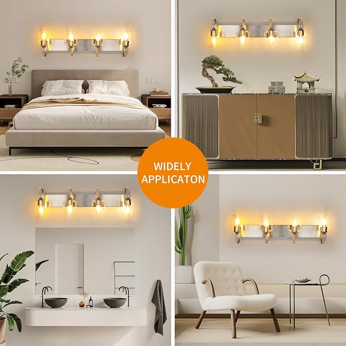 4-Light Brushed Nickel Vanity Light with Clear Glass Shade, 33.07'' Modern Wall Lights for Bathroom, Bedroom, Hallway, Living Room (E26 Base)