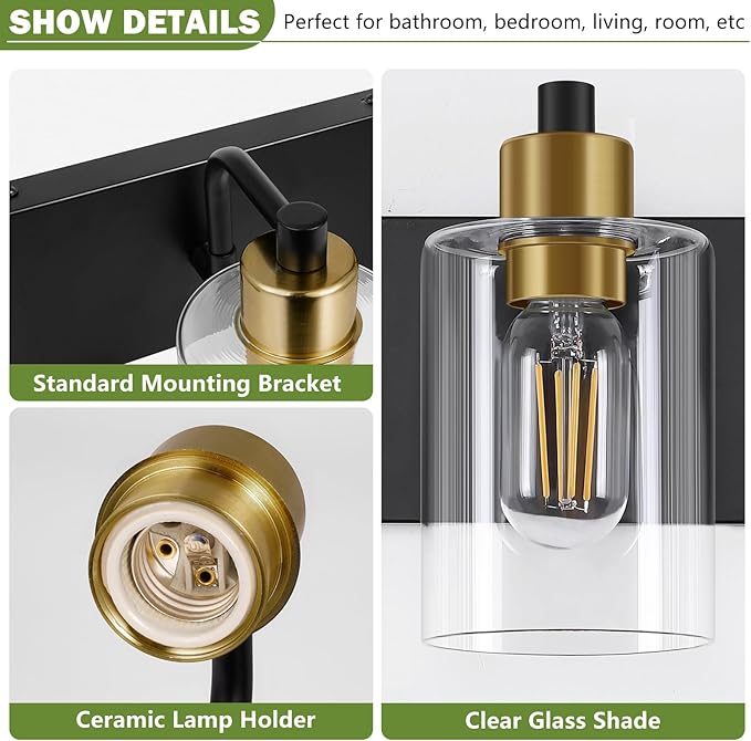 Dpyrrhic Bathroom Light Fixtures,Matte Black and Gold 4-Light Bathroom Lights with Clear Glass Shade,Modern Wall Sconces Over Mirror for Bathroom