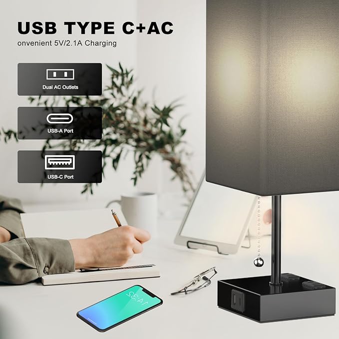 YIDPU Table Lamp for Bedroom with USB,Bedside Lamp with USB C+A Charging Ports,Adjustable 3color LED Light for Home Decor/Nightstand/Office,Included Bulb and Fabric Lamp Shade (Linen Black, 2PCS)