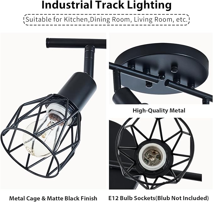 Track Lighting Kit, 4-Light Adjustable Multi-Directional Ceiling Light Fixtures, Vintage Black Metal Wire Cage Farmhouse Light Fixtures Ceiling Mount for Kitchen Dining Table Hallway Bathroom Bedroom