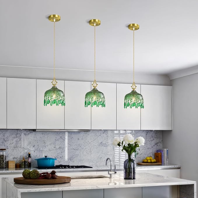 Brass Vintage Pendant Light Green Crystal Hanging Light Fixtures,Adjustable Height Green Glass Pendant Lights for Kitchen Island Dining Room Living Room Bedroom Hallway(Green,2-Pack)