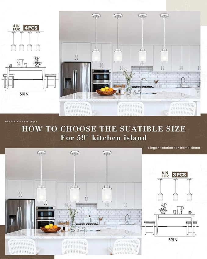 TENGXIN ENGXIN Modern Pendant Light for Kitchen Island, 6 Inch Brushed Nickel Hanging Ceiling Light Fixture,Farmhouse Pendant Lighting for Dining Room Bedroom Bar Office,TXPLBN01-L