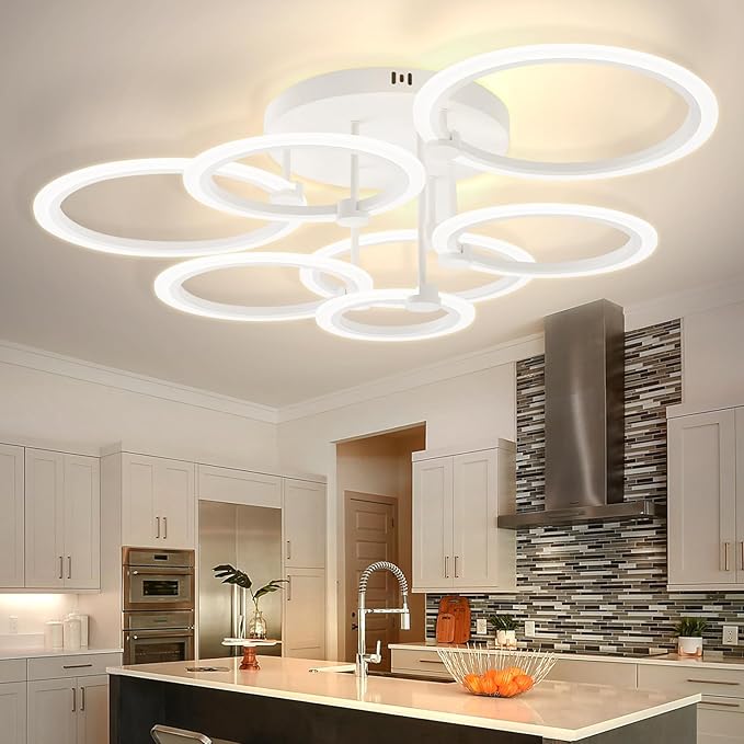 Modern LED Ceiling Light Dimmable Ceiling Light Fixtures with Remote 7 Rings White Close to Ceiling Lights 31.8" 130W 3000K-6500K Flush Mount Ceiling Lamp for Living Room,Bedroom,Kitchen