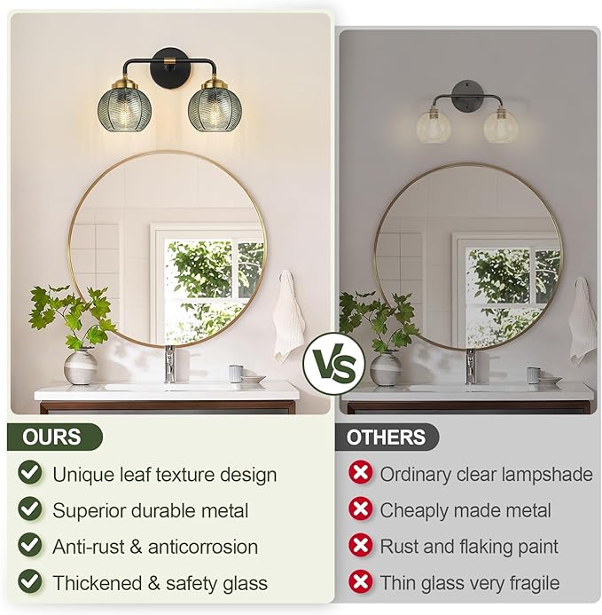 MOKATNG Bathroom Light Fixtures, 2-Light Green Vanity Lights with Unique Leaf Texture Glass Shade, Modern Matte Black and Gold Bathroom Wall Lamp for Mirror Hallway Cabinet Living Room