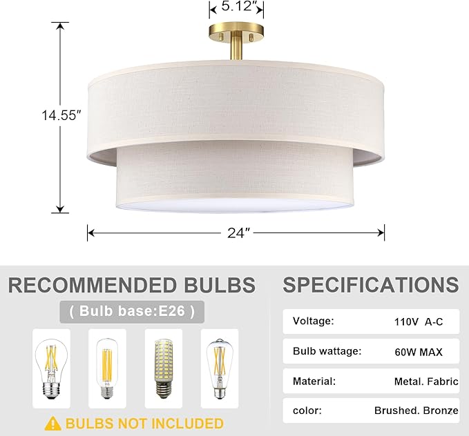 5 Light Semi Flush Mount Close to Ceiling Light Fixture,Cream Linen Fabric Shade Brushed Bronze Finish 24 inch for Bedroom,Living Room,Dining Room Hallway
