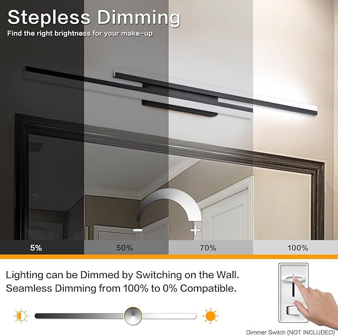 PRESDE 48 Inch Bathroom Light Fixtures Black Vanity Light Bar LED Modern Bath Lighting Over Mirror 5CCT