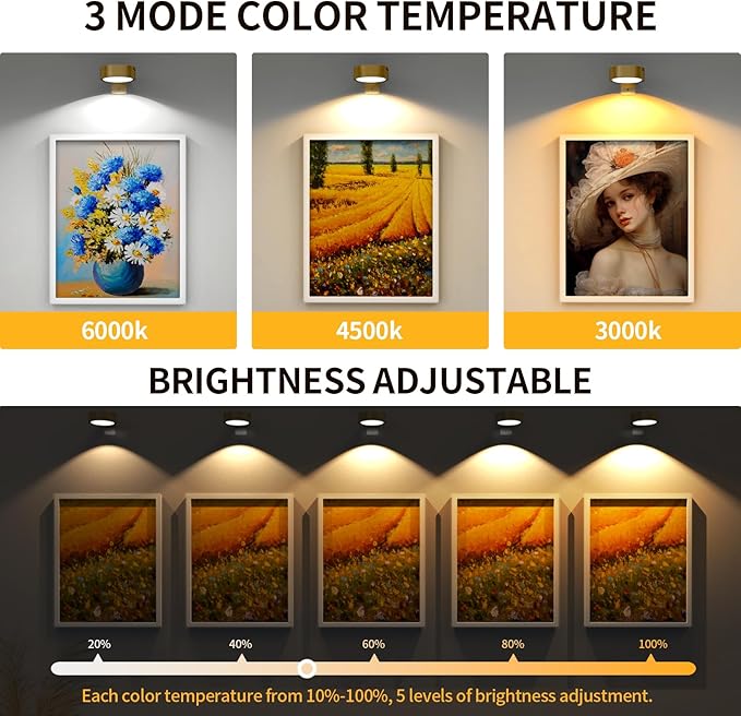 3 Pack Picture Lights for Wall, Rechargeable Battery Operated wall lights, Picture Frame lights with 3 Lighting Modes, Wireless Magnetic Painting Light with Remote Control Timer (Golden, 3 Pack)