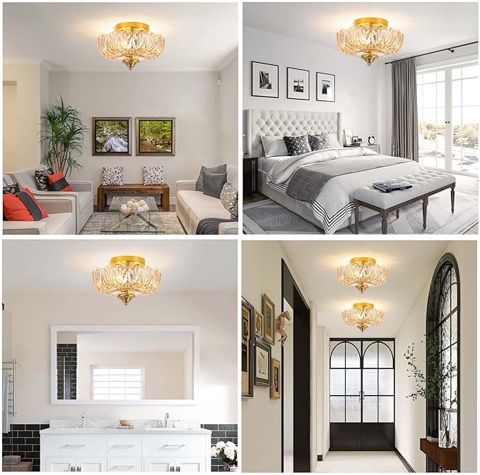 Semi Flush Mount Ceiling Light,Vintage Ceiling Light 9.44 Inch E26 Small Amber Glass Ceiling Lighting for Living Room Kitchen Bedroom Hallway 3 Light(Bulb Not Included)