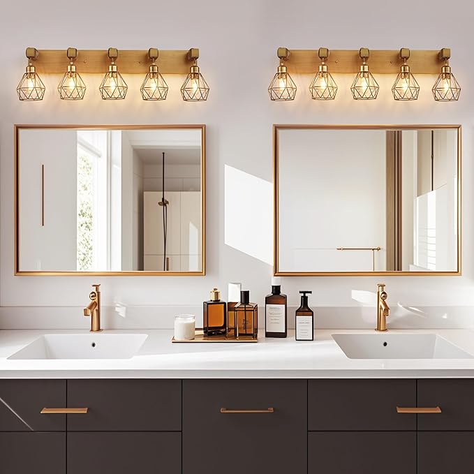 Farmhouse Bathroom Light Fixtures, 5-Light Gold Bathroom Vanity Light, Rustic Matte Antique Brass Finish with Metal Lampshade, Wall Sconces for Bedroom, Living Room, Hallway
