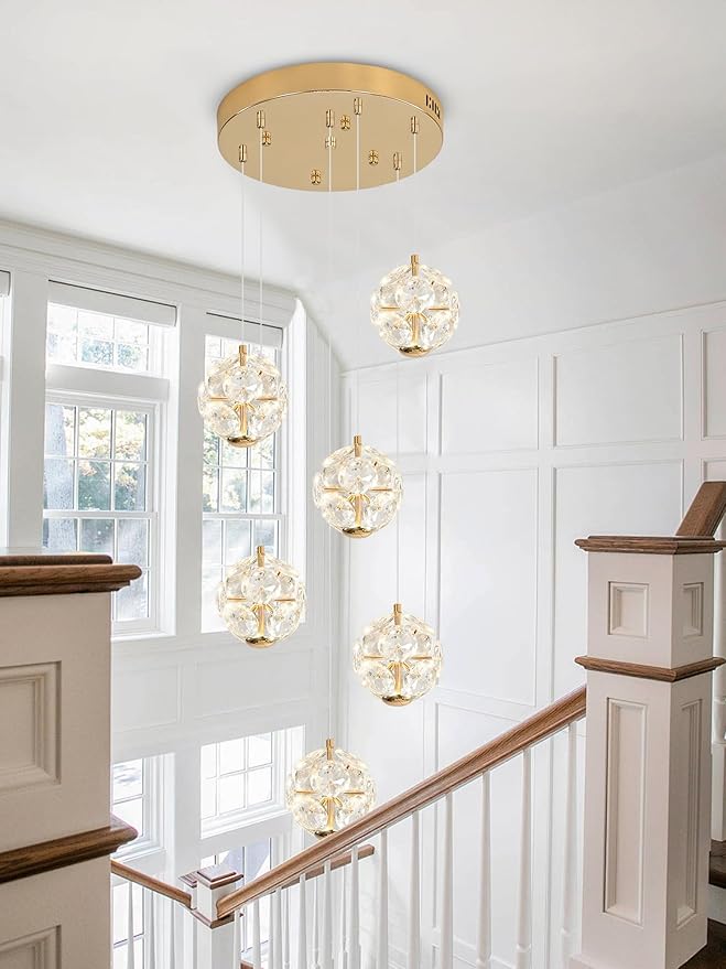 ykolupty LED Staircase Chandelier Modern Crystal Globe Pendant Light Crystal Chandeliers for High Ceilings,Gold Hanging Lighting Fixture for Villas Foyer Hallway Entryway (6-Lights)