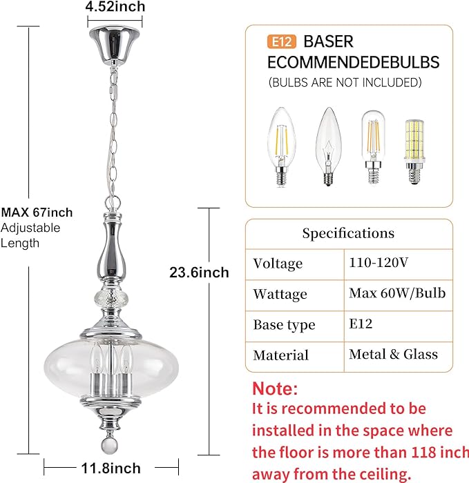 Polished Chrome Glass Pendant Light Modern Kitchen Island Pendant Light W 11.8 in. H 23.6 in.