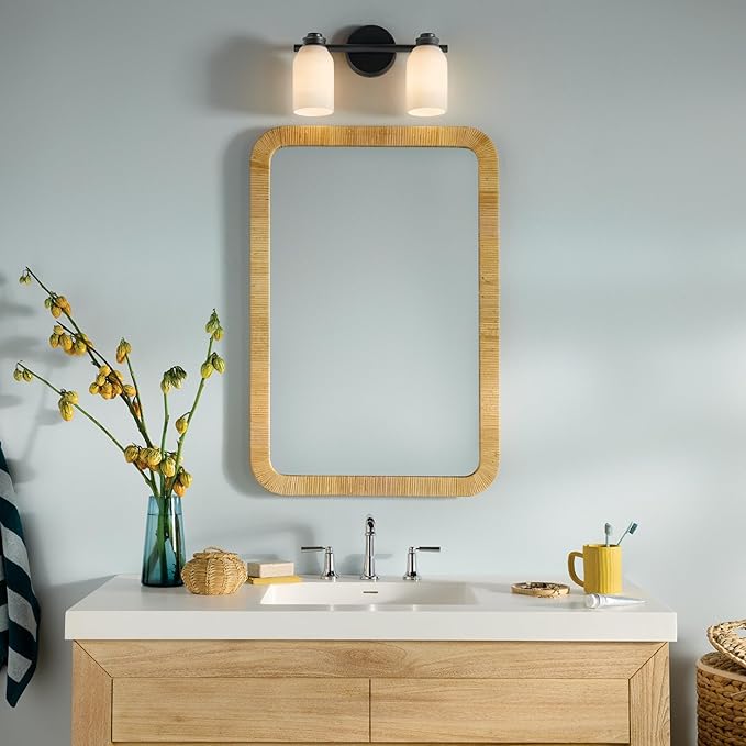 Kichler Shae 15" 2-Light Bathroom Vanity Light Fixture with Cased Opal Glass in Black, Modern Coastal Style for Mirror, Powder Room, Bathroom Lighting (15" W x 9" H), 55201BK