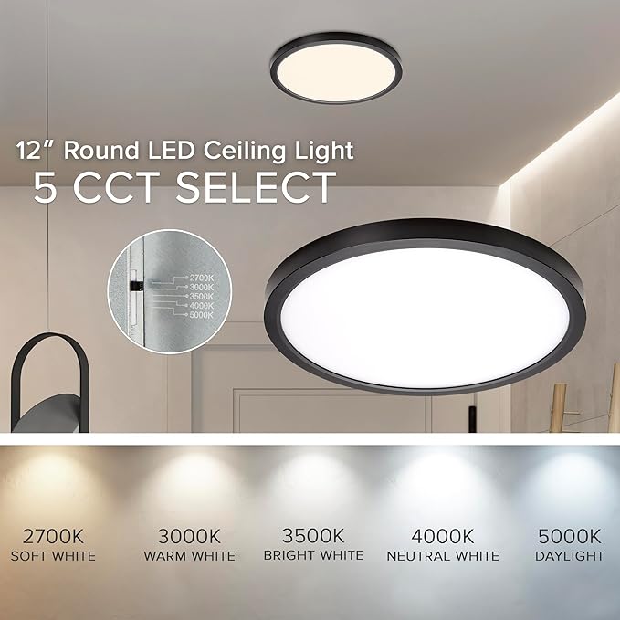 Maxxima 12 in. LED Flush Mount Ceiling Light, 2200 Lumens, 5 CCT 2700K/3000K/3500K/4000K/5000K Panel Light, Black Trim Round Fixture, Dimmable for Modern Bedroom, Kitchen, and Living Room Lighting