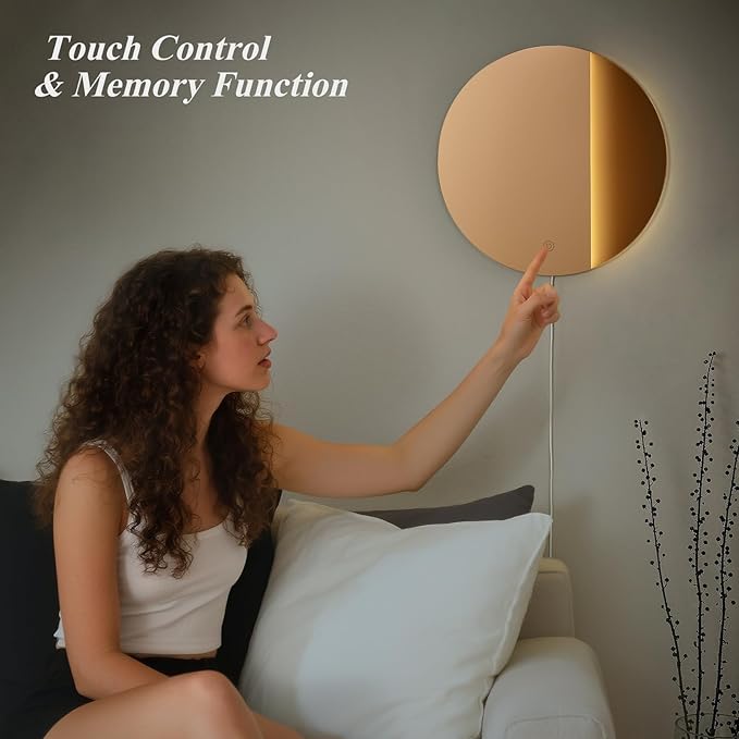 ONEWISH LED Wall Sconce, Dimmable Mirror Wall Lamp,16.93 inch Round Wall Lights for Bedroom with Memory Function, Wall Lamps for Living Room Entryway, Bronze