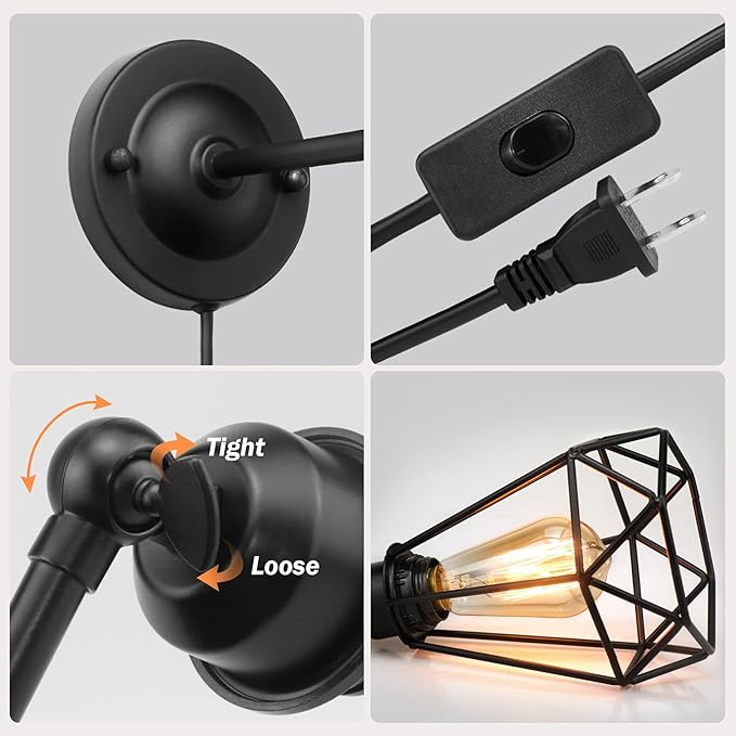 WimiSom Plug in Wall Sconce, Wire Cage, Industrial Wall Lamp with Plug in Cord, Rustic Sconce Fixture, On/Off Switch Vintage Wall Light Fixture for Headboard Bedroom Porch-2 Pack