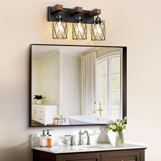 IZORRO Farmhouse Bathroom Vanity Light, 3-Light Wood Bathroom Light Fixtures Over Mirror, Black Industrial Vanity Lights with Metal Shade, Rustic Restroom Lighting Fixtures