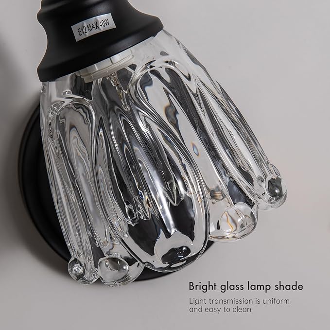 KSRYSZCQ Vintage Black Wall Sconce Set ot Two,Hardwired Matte Black Bathroom sconces Wall Lighting with Glass lampshape,E12 sconces Wall Decor Set of 2 for Living Room Porch Staircase Hallway Bedroom