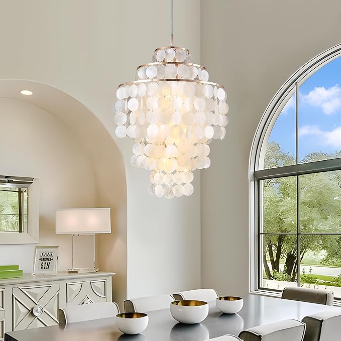 Capiz Shell Chandelier,18" Gold Coastal Chandelier Light Fixture with 4 Lights Capiz Seashell Pendant for Living Room Foyer Kitchen Island Entryway Dining Room Bedroom,LED Bulb Included