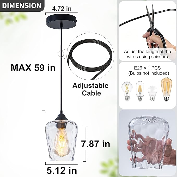 2 Pack 5.1" Mini Black Blown Glass Pendant Lights Kitchen Island Lighting, Small Black Hammered Glass Pendant Light Fixtures, Kitchen Pendant Lights with Hammered Glass Shades for Dining Room Sink