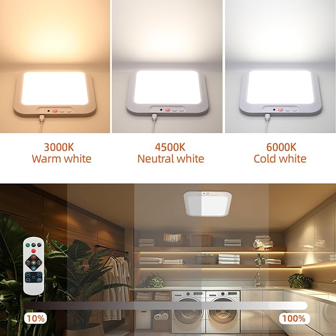 DAMI Rechargeable Ceiling Light with Remote 2 Pack, 4000mAh Battery, Motion Sensor Indoor Shower Light, Dimmable & 3 CCT (3000K/4500K/6500K), Timer for Closet, Hallway, Bathroom, Patio